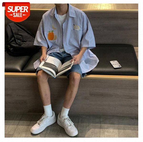 

hong kong fashion personality cartoon embroidered short sleeve shirt men's korean style fresh striped #qk7q, White;black