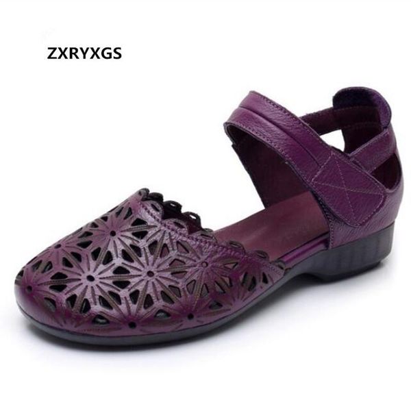 

hollow cowhide summer leather sandals fashion wild flat low heel middle-aged women comfortable mother shoes large size, Black
