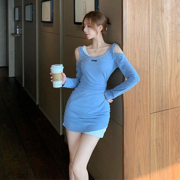 

autumn and winter long-sleeved strapless fake two-piece blue waist elastic hip women's dress casual dresses, Black;gray