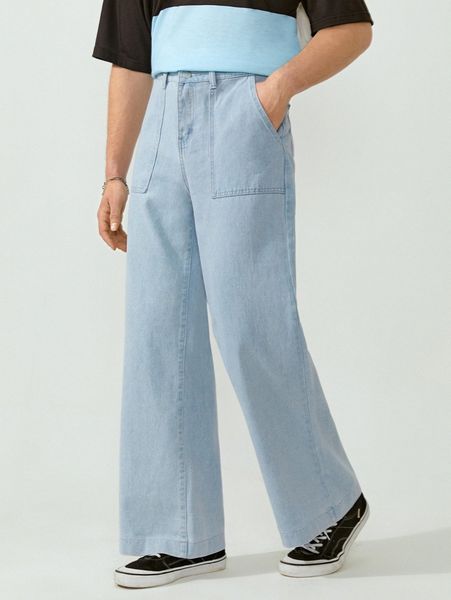 

men patch pocket light wash jeans a4cf#, Blue