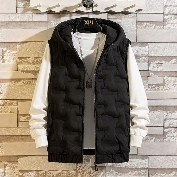 

men's vests legible 2021 sleeveless jacket autumn winter hooded vest man casual solid warm waistcoat men, Black;white