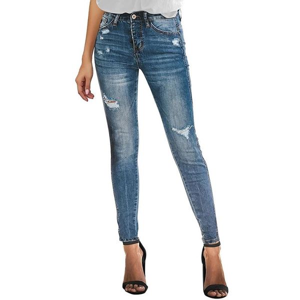 

women stretch denim skinny tattered pants ruined pleated thin pencil jeans women's, Blue