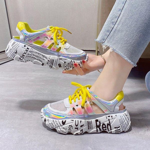 

sandals thick soled women sandal flat bottomed hollow sports shoes baotou net face casual graffiti bright, Black
