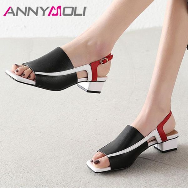 

dress shoes annymoli woman real leather sandals buckle strap thick heels square toe med mixed color lady green size 42, Black