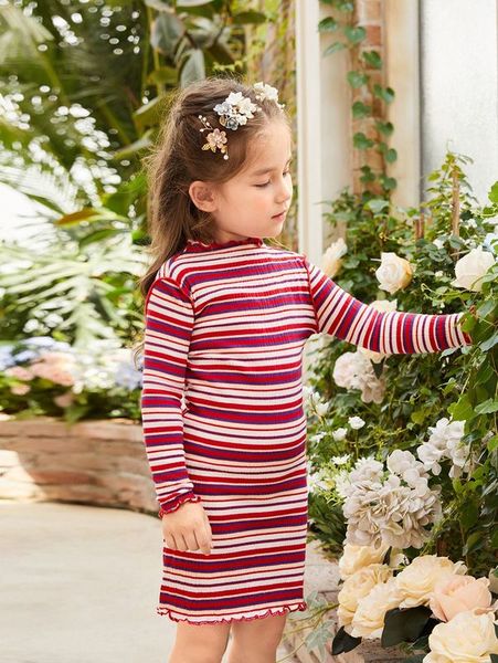 

toddler girls striped print frill trim dress she, Red;yellow