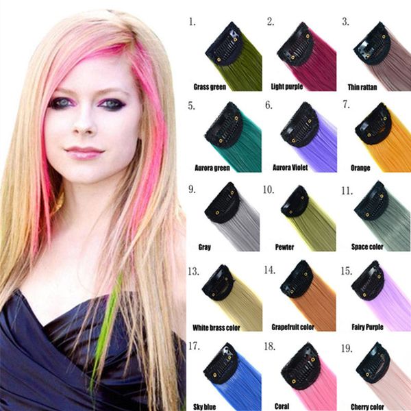 Renkli Klip Saç Uzantıları 24 '' Renkli Düz Kadınlar ve Çocuklar için Çok Renkli Parti Kalın Kuyruk Vurgular Çizgi Sentetik Hairpieces