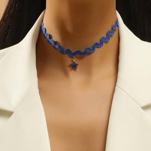 

chains choker necklaces woman blue waves rope chain necklace women stars pendant lovers trendy kpop alloy simple weaving collares, Silver
