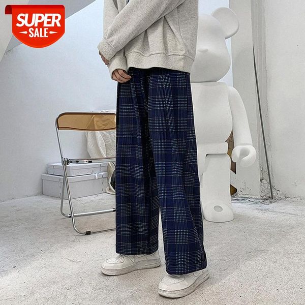 

retro plaid straight pants male korean trend student loose bf drawstring wide-leg casual #yz58, Black