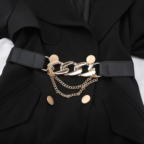 

belts gold chain belt elastic metal buckle waist for women stretch cummerbunds ladies coat dress waistband straps, Black;brown