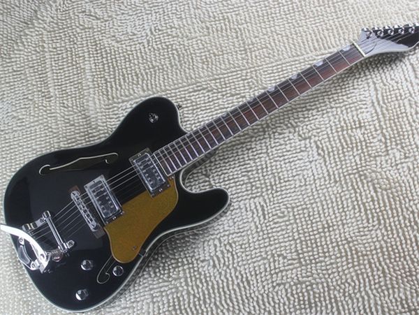 

flyoung tele integrated semi hollow double f electric guitar small rocker black body gold powder guard board