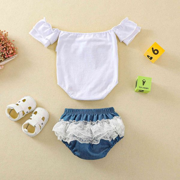 0-24 M Yaz Doğan Bebek Bebek Kız Giysileri Set Beyaz Kapalı Omuz Romper Dantel Bloomer Şort Kıyafetler Kostümleri 210515