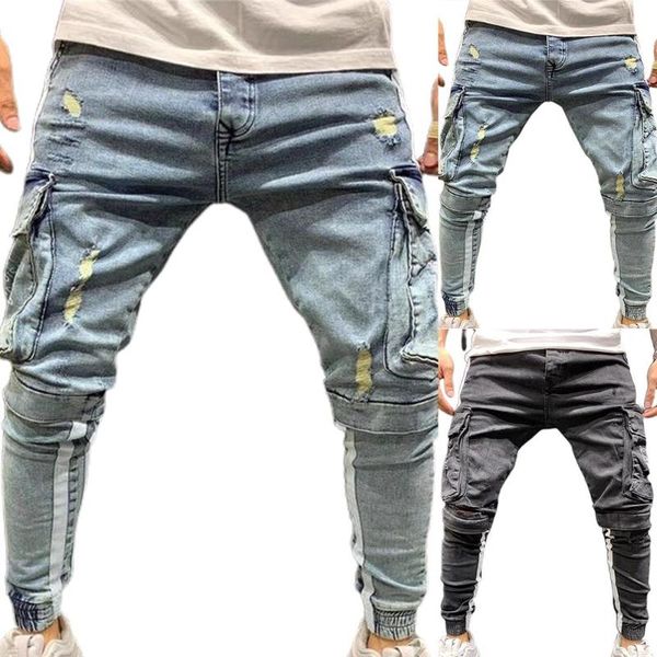 

men's jeans mens denim skinny distressed ripped solid color pockets pants, Blue