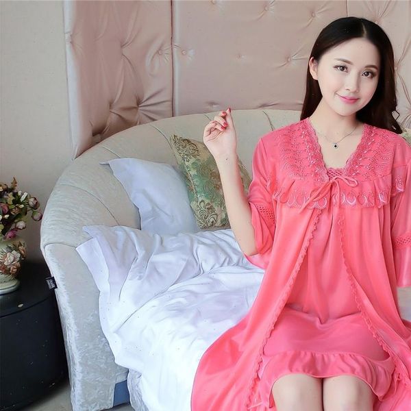 

deep v neck satin nightgown womens sleepwears lace half sleeve silk nightwear sleep wear night gown dress outwear, Black;red