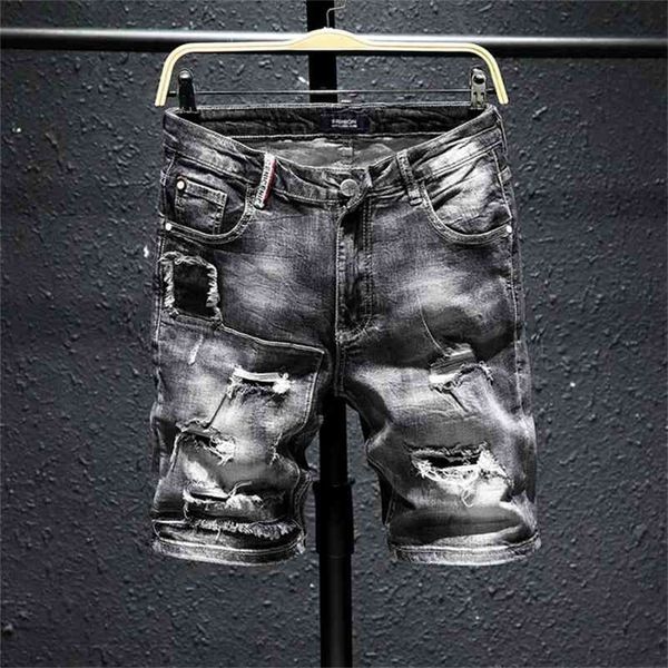 

men gray ripped denim shorts new summer holes black short jeans soft cotton stretch jean short knee length jeans 210324, White;black