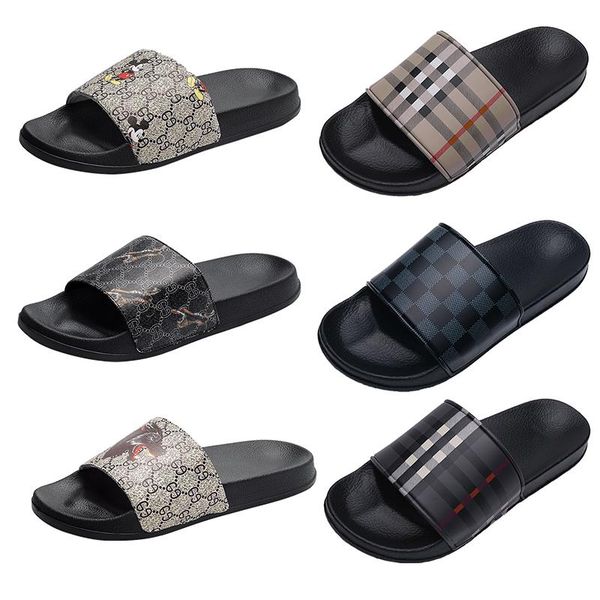 

luxury rubber slides sandals tiger wolf head men slipper flat bottoms flip flops womens fashion correct cartoon grid beach slippers size 39-, Black