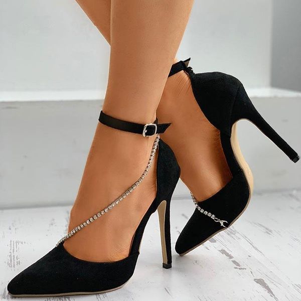 

women high heels pumps summer rhinestone chain pointed toe sandals black stiletto buckle strap party wedding shoes dress
