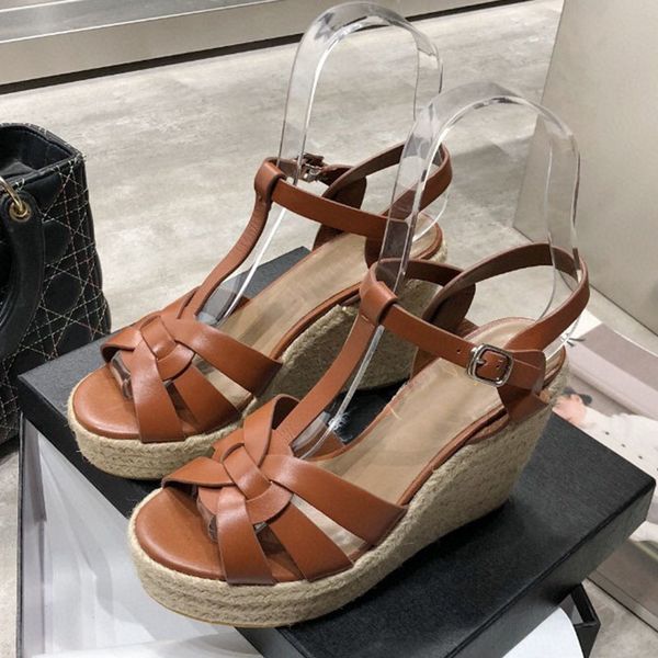 

70% off wholesale sandals flip-flops summer luxury branded women's sandalias genuine leather high wedges mules ankle strap peep toe pla, Black