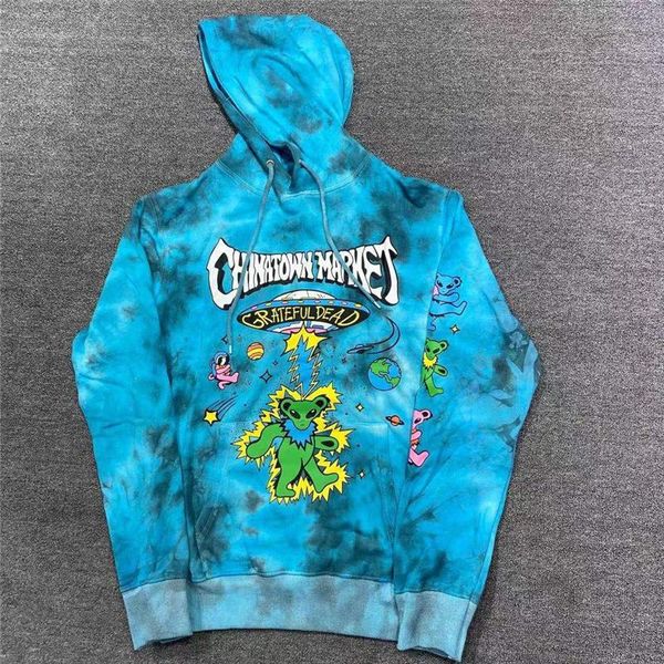 

men's hoodies & sweatshirts men woman 1:1 heavy fabric crewneck blue tie dyethree little bear hoodie, Black