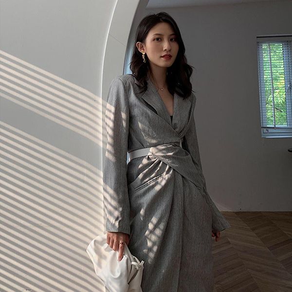 

casual dresses ruched hit color women notched collar long sleeve high waist elegant asymmetrical summer dress for female, Black;gray