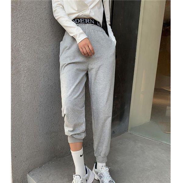 

women's pants & capris high elastic waist gray letter printed patchwork trousers loose fit women fashion spring autumn 2021 c859, Black;white