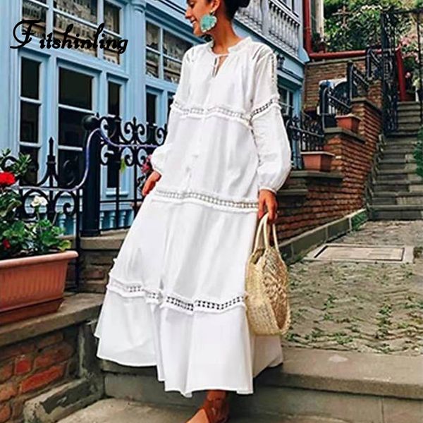 

fitshinling autumn holiday white dress lace splice lantern sleeve long dresses women tunic a line vintage ruffles boho pareos