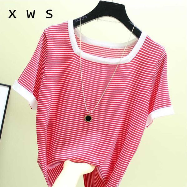 

summer short sleeve striped pullover women sweater knitted sweaters korean pull femme jumper female white black 210604