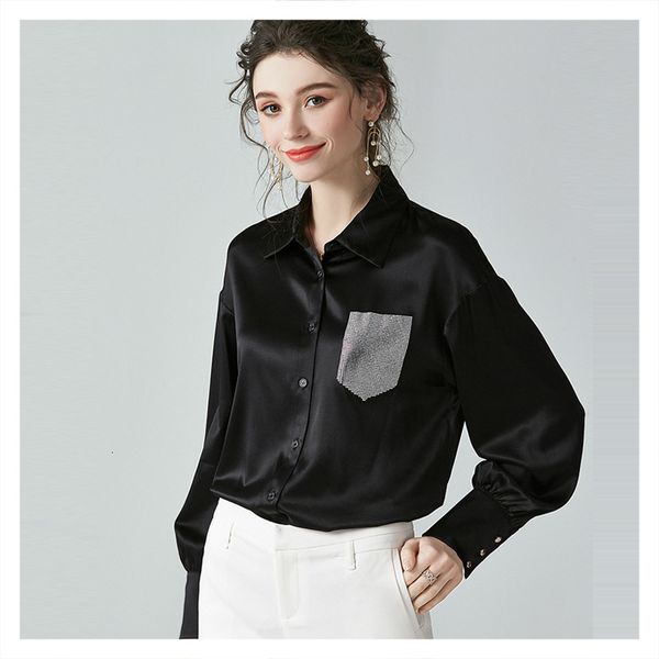 

blouses design sense heavyweight silk shirt pocket lantern sleeve lapel female 2021 fashion style, White