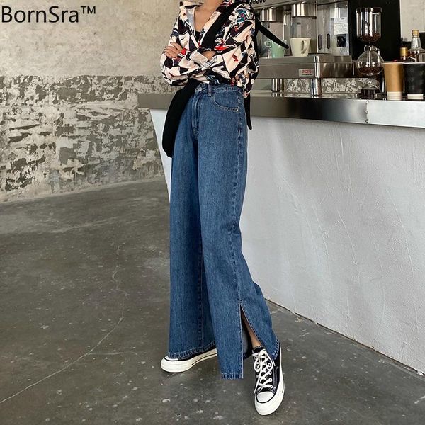 

bornsra 2021 srpring fashion women denim jeans high-waist straight for female long pant side split vintage women's, Blue