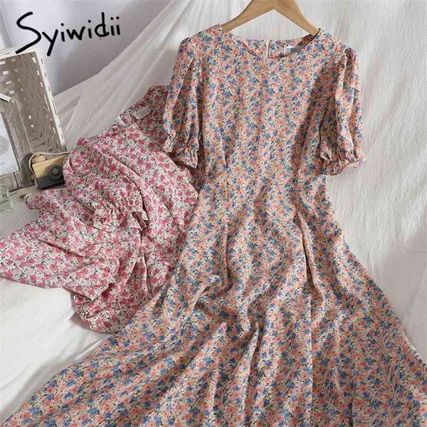 

floral print dresses women puff sleeve o-neck zipper bow lace up a-line clothing summer korean fashion dress 210607, Black;gray