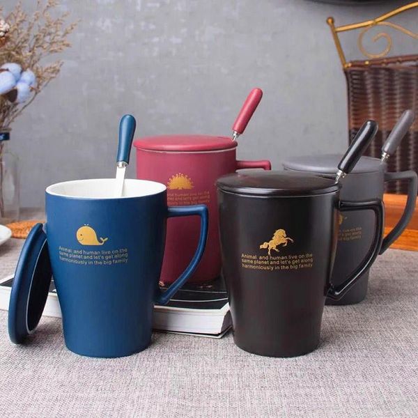 

Mug With Lip Spoon Ceramic Creative Matte Large Capacity Office Coffee Cup Brief Fashion Handle Water 450ML Mugs