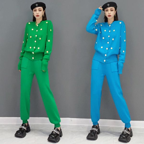 

women's tracksuits 2021 autumn knitted sweater women casual single breasted long sleeve +harem pants two pieces set spring, Gray