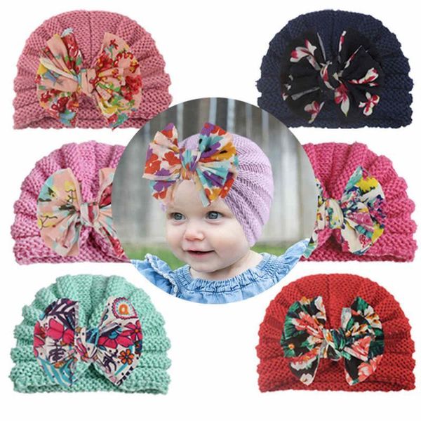 

caps & hats born fetal cap baby printed bowknot hat children's warm knitted pullover knotted headwear hair band, Yellow