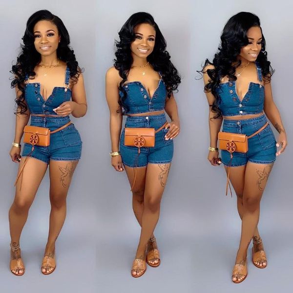 

women's tracksuits ladies denim summer sling + shorts two-piece s3536, Gray