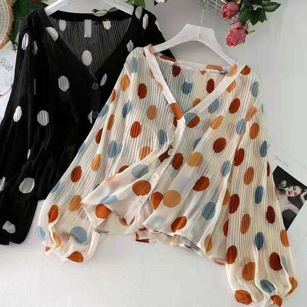 

arrival summer korean style women polka dot chiffon v-neck blouse single breasted lantern sleeve casual shirts w169 210608, White