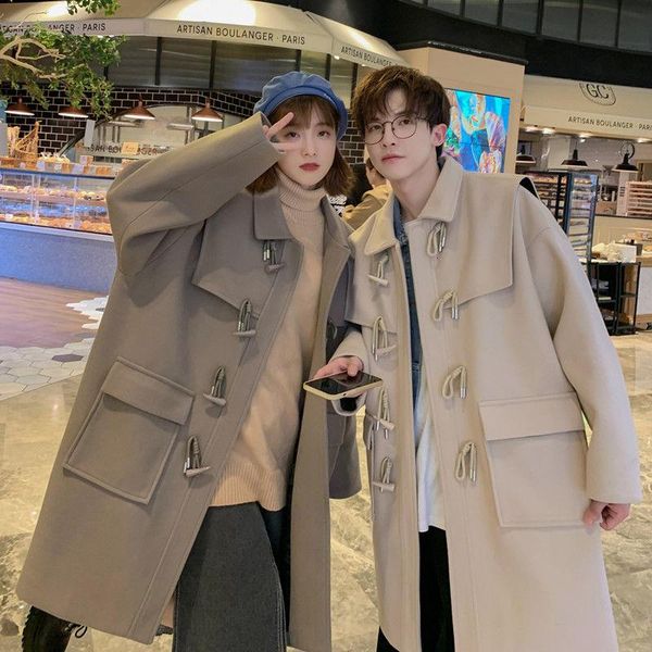 

men's wool & blends 2021 winter button woollen coats long medium korean parkas cotton-padded clothes in warm trench snow jackets s-2xl, Black