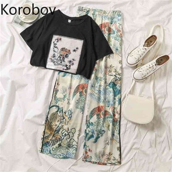 Korobov Set di pantaloni a due pezzi da donna coreano modello cartoon con paillettes e pantaloni a gamba larga a vita alta Harajuku 78698 210430