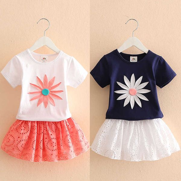 

summer 3-10t years kids girl birthday party elegant princess embroidery floral t shirt+hollow out skirt 2 piece dress sets 210529, White