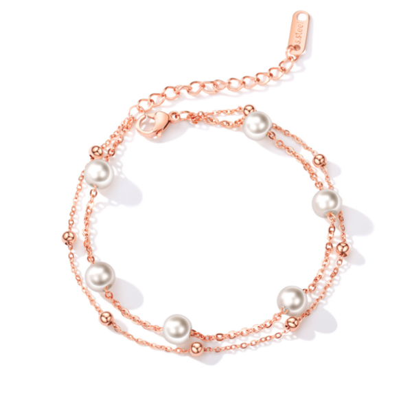 

stainless steel double layer pearl bracelet simple and sweet rose gold plated titanium no fading link, chain, Black