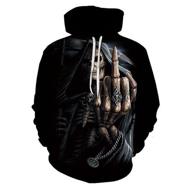 

men's loose fitting hooded sweater 3d skull pattern digital printing, Black