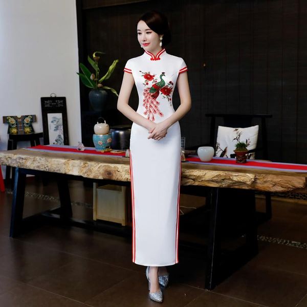 

ethnic clothing white lady summer long cheongsam chinese style dress womans qipao slim party dresses button vestido plus size s-4xl, Red