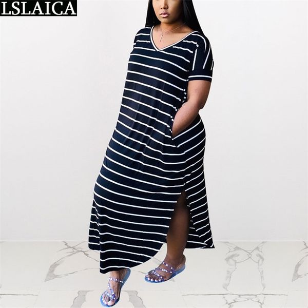 

plus size women dress s-2xl striped casual streetwear short sleeve summer loose print fashion pocket long 210515, Black;gray