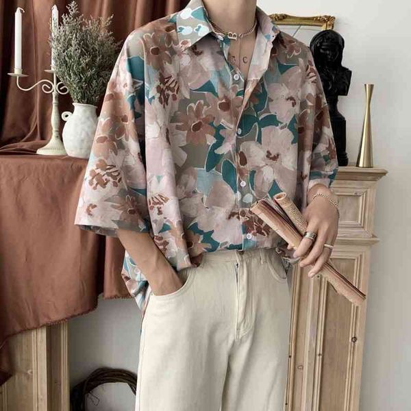 

men's casual shirts summer short-sleeved fashion printed men korean loose flower mens hawaiian -2xl ctbk, White;black