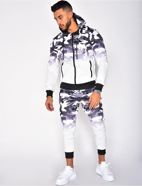 

men's tracksuits spring and autumn fashion casual men 3d camouflage hooded two-piece slim long sleeve sports mens joggers set, Gray