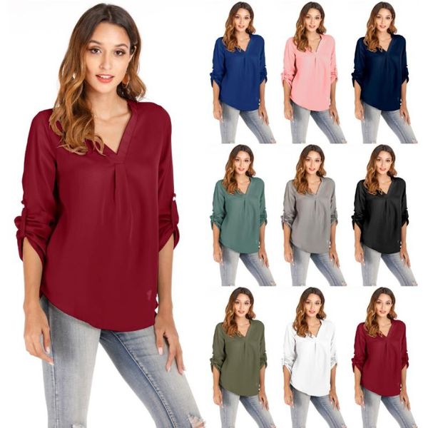 

collar long sleeve rollable sleeves loose chiffon shirt woman women's polos, White