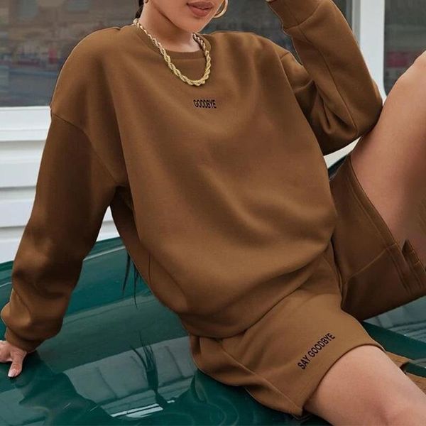 

women's tracksuits fleece hoodie pullovers short set 2021 autumn letter print long sleeve o-neck sweatshirt sets lady casual sport suit, Gray