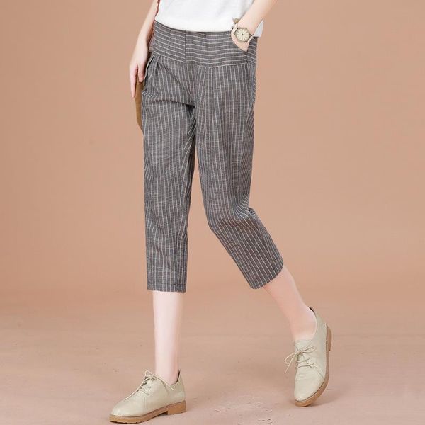 

women's pants & capris women casual calf-length summer trousers striped elastic waist cotton ankle length haren pt-385, Black;white