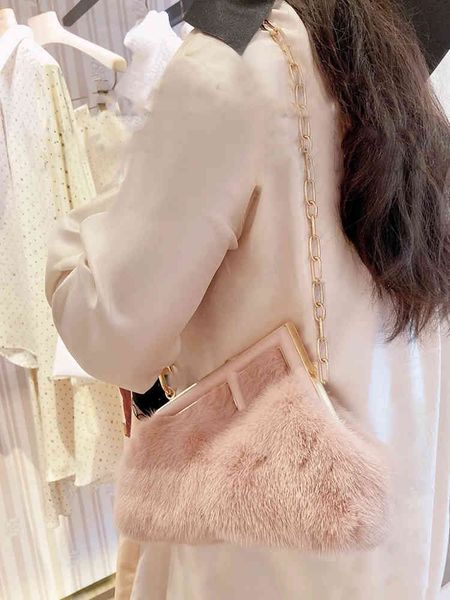 

factory outlet luxury handbags storage r09 autumn winter 2021 new net red fashion fur clip mouth gold bag leisure versatile dinner bag