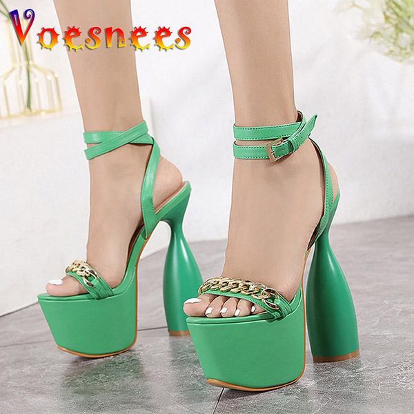 

sandals chain pole dance summer strange style round heel women shoes fashion nightclub platform buckle strap high heels, Black