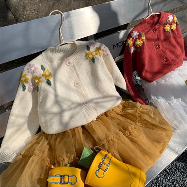 

2021 new spring baby girls knitted sweaters korean style embroidery floral kids cardigan coats children clothes, Blue