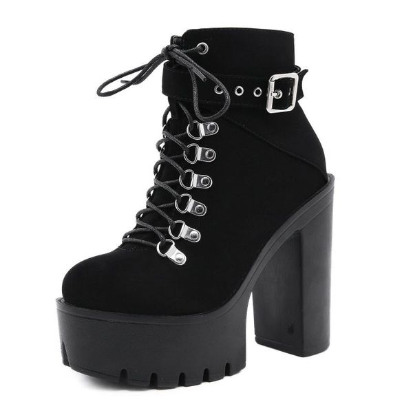 

lace up women boots platform buckle boot winter shoes thick heel autmn with zipper ankle strap black suede gothic 35-42